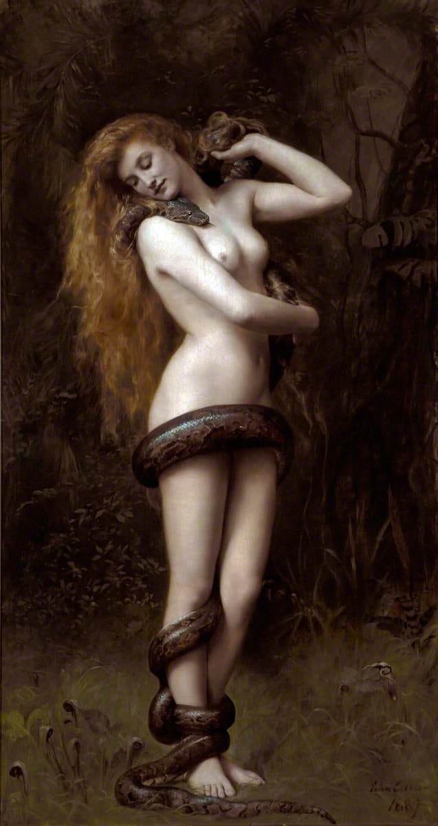 A painting of a red-haired naked woman with a snake around her body.