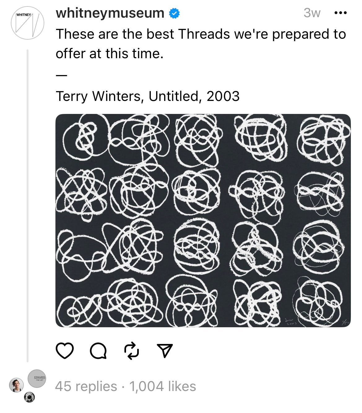 Post that says "These are the best Threads we are prepared to offer at this time" and then art that's a bunch of what looks to be squiggles that look like piles of thread.