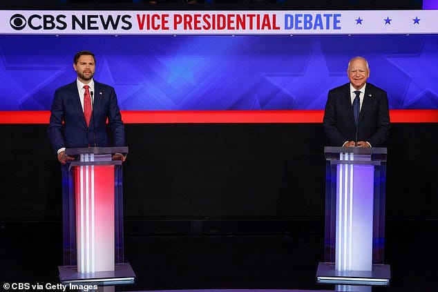 Republican Ohio Sen. J.D. Vance (left) and Democratic Minnesota Gov. Tim Walz (right) participated in the vice presidential debate Tuesday night at CBS' headquarters in New York City