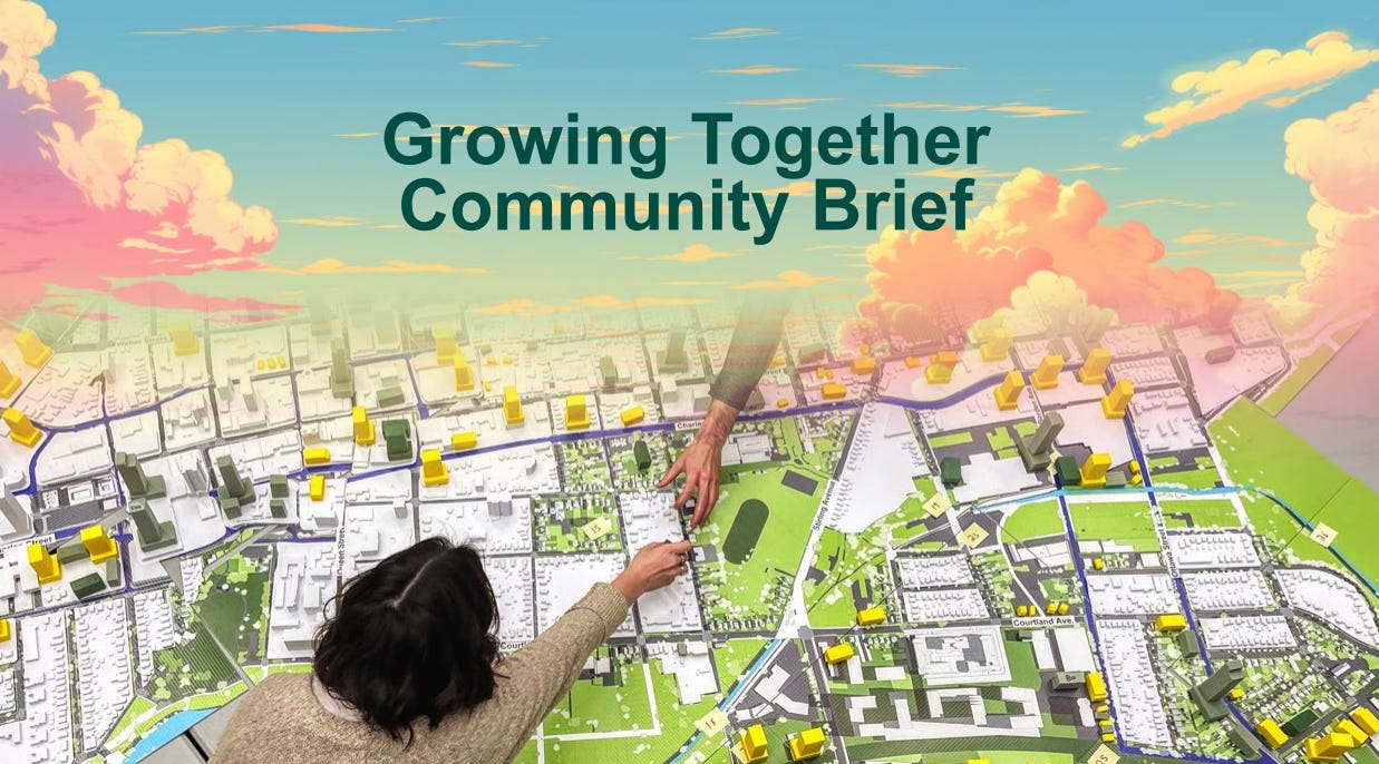 Banner for the Growing Together plan. Overhead image of 2 people manipulating small 3D models of housing on a large printed map.