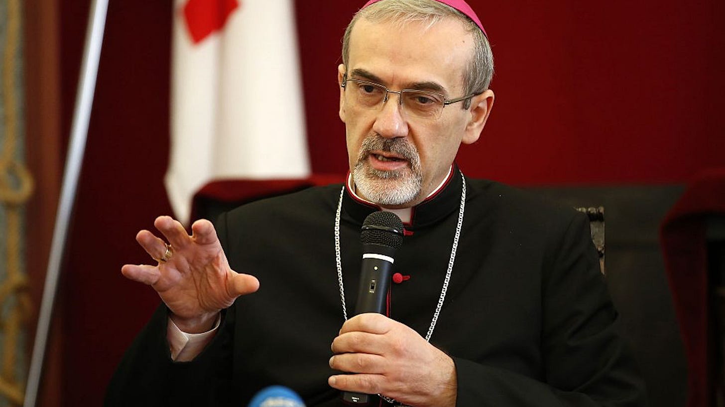 Archbishop Pierbattista Pizzaballa, apostolic administrator of the Latin Patriarch of Jerusalem, speaks during a Christmas press conference on December 19, 2016 in Jerusalem's Old City