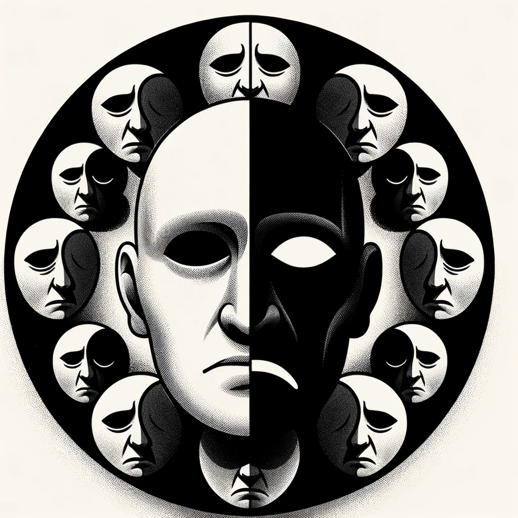 Illustration of a split human face: one side normal and the other dark and distorted, symbolizing the duality of human psychology. Surrounding the face are seven shadowy figures, each representing a dark fact, drawing the viewer's gaze.