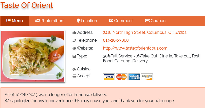 A screengrab of the website for Taste of Orient that says "As of 10/26/2023 we no longer offer in-house delivery. We apologize for any inconvenience this may cause you, and thank you for your patronage."