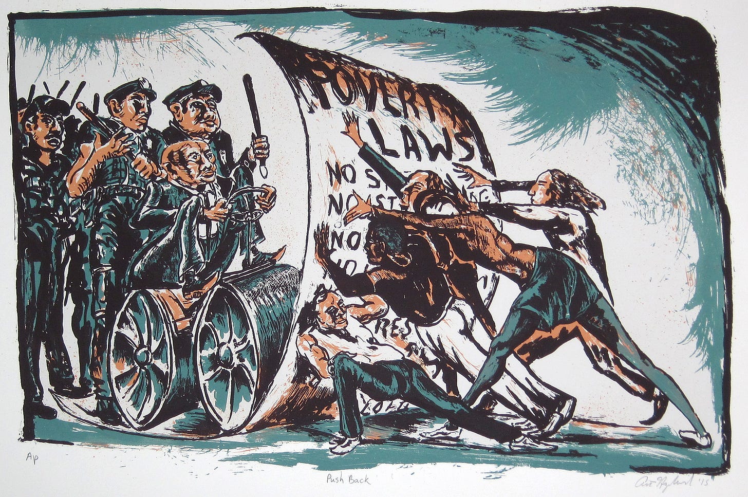 Artwork depicting a group of pigs (cops with literal pig faces) driving a steam roller towards a group of people who are pushing back. The only thing standing between them is a piece of paper that says 'poverty laws'