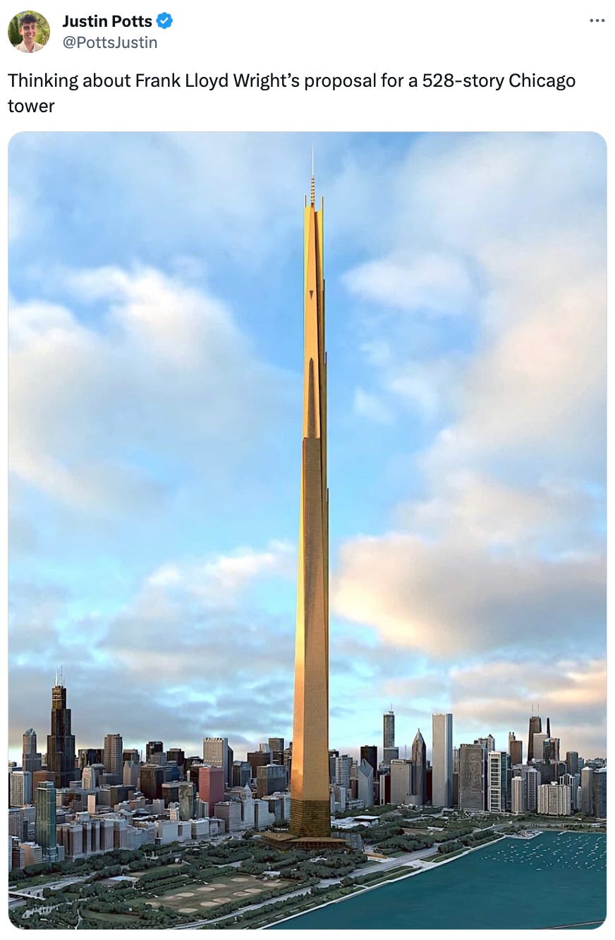  See new posts Conversation Justin Potts @PottsJustin Thinking about Frank Lloyd Wright’s proposal for a 528-story Chicago tower