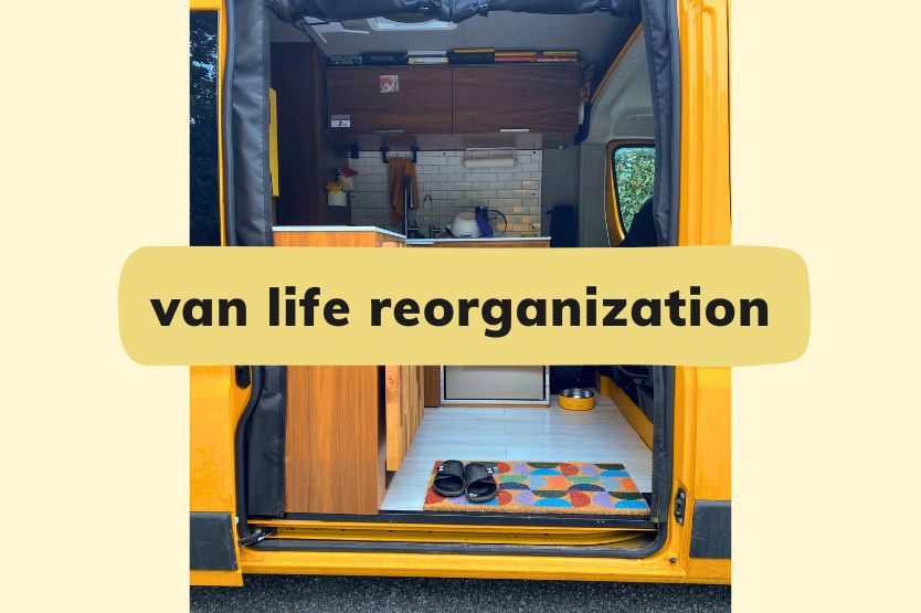 A photo of our van's entryway viewed from outside with the text van life reorganization on top of it