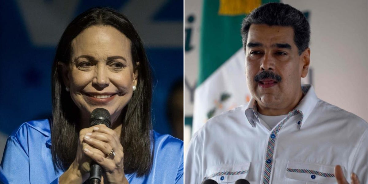 La líder opositora María Corina Machado y el presidente de Venezuela, Nicolás Maduro.