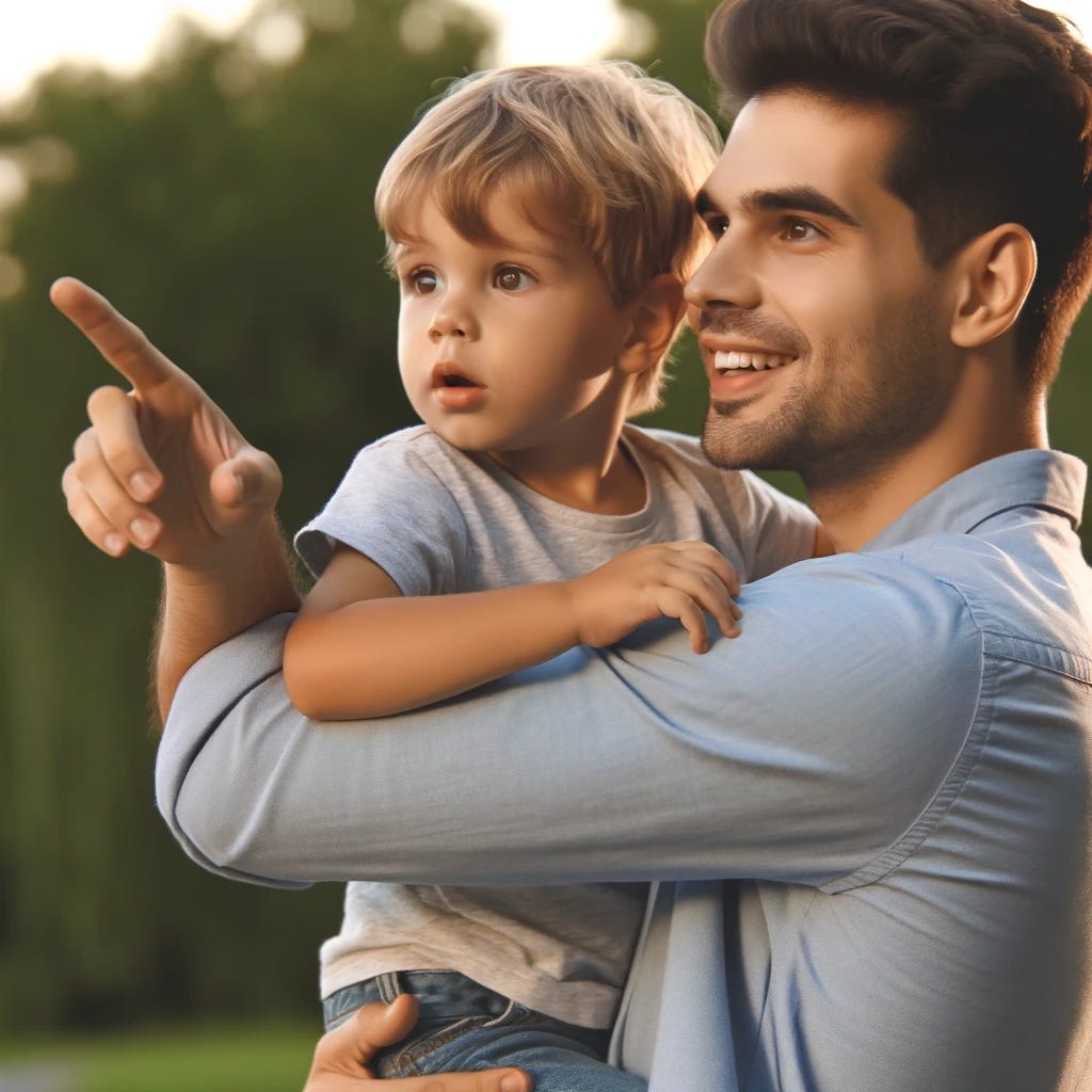 A heartwarming scene of a father carrying his 2-year-old son, showing him something interesting off in the distance. The father is holding the boy securely in his arms, one hand supporting the child's back while the other points towards something outside of the frame. Both are looking in the same direction with expressions of wonder and excitement. The little boy's eyes are wide with curiosity as he looks at whatever his father is pointing to. They could be in a park, with trees and a clear sky in the background, which adds to the sense of a shared adventure or discovery between father and son.