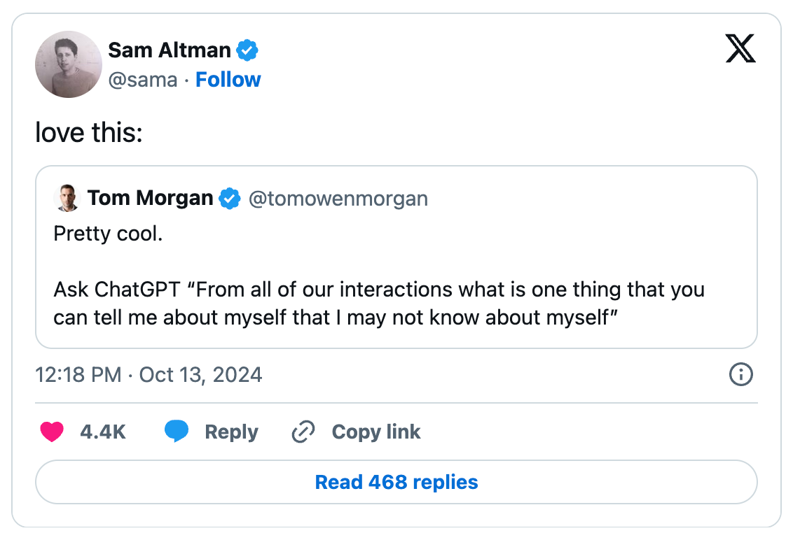 Sam Altman no twitter diz que amou o prompt de Tom Morgan.