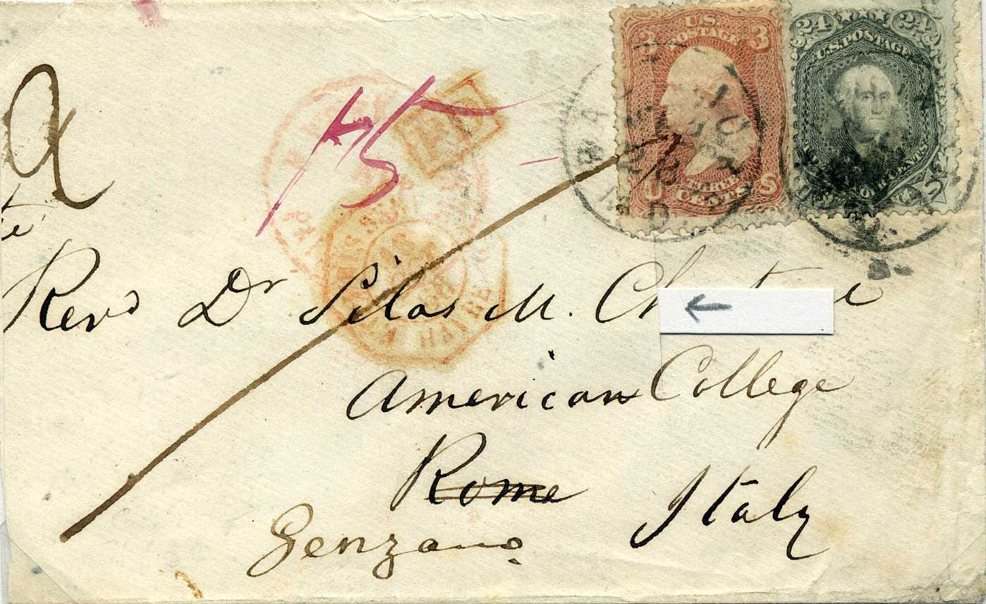 Disinfected letter sent from the US to Italy in the 1860s