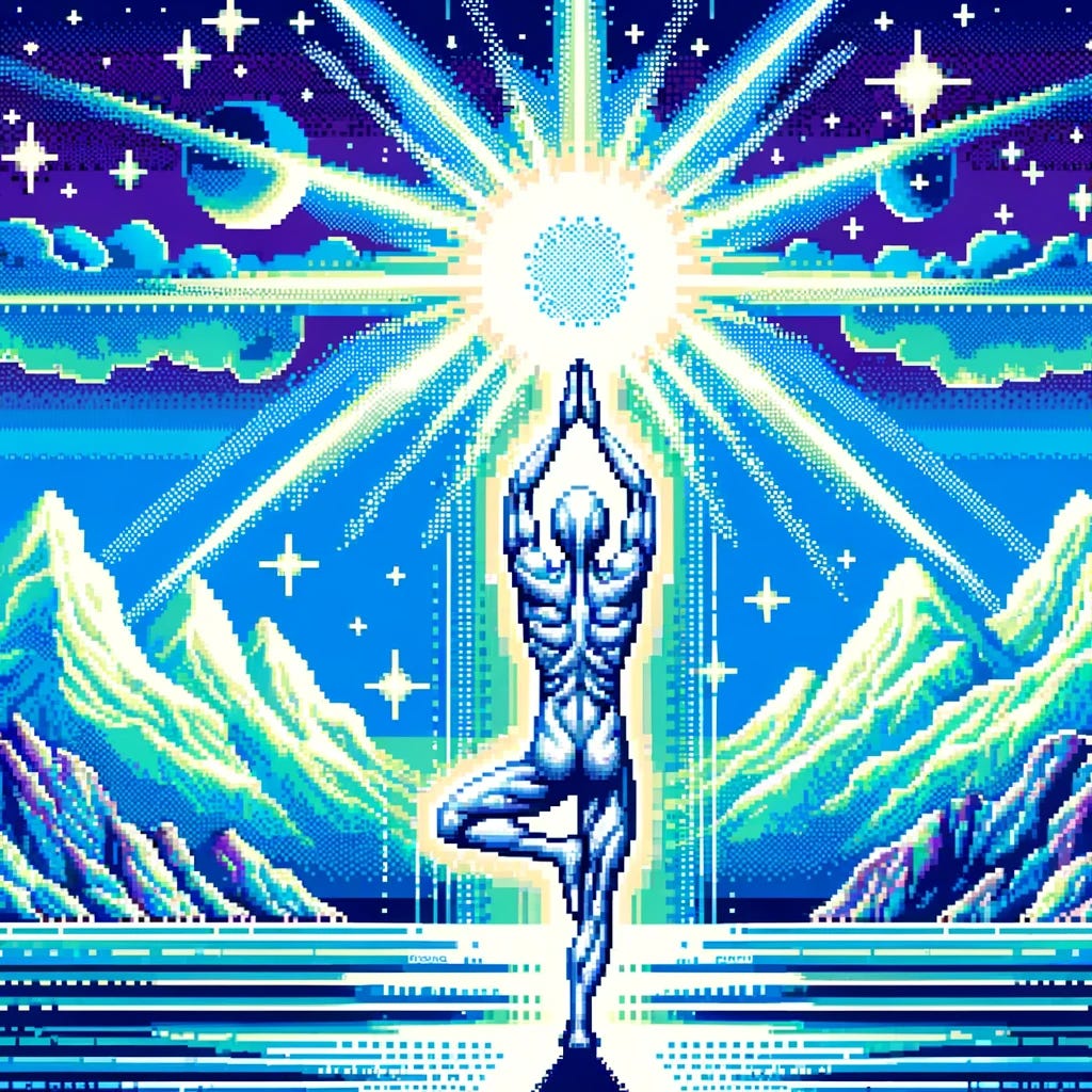 Create a digital art piece in the style of 16-bit SNK Neo Geo graphics, featuring a sun salutation pose performed by a being made of silver light. The being should appear ethereal and radiant with a silvery glow. The background should be distinctly pixelated and retro, using a palette of blues, greens, and purples, creating a serene and mystical atmosphere. This background should include elements like a stylized sun, and a landscape possibly with trees or mountains, all rendered in vibrant shades of blue, green, and purple, maintaining the 16-bit graphic tradition.