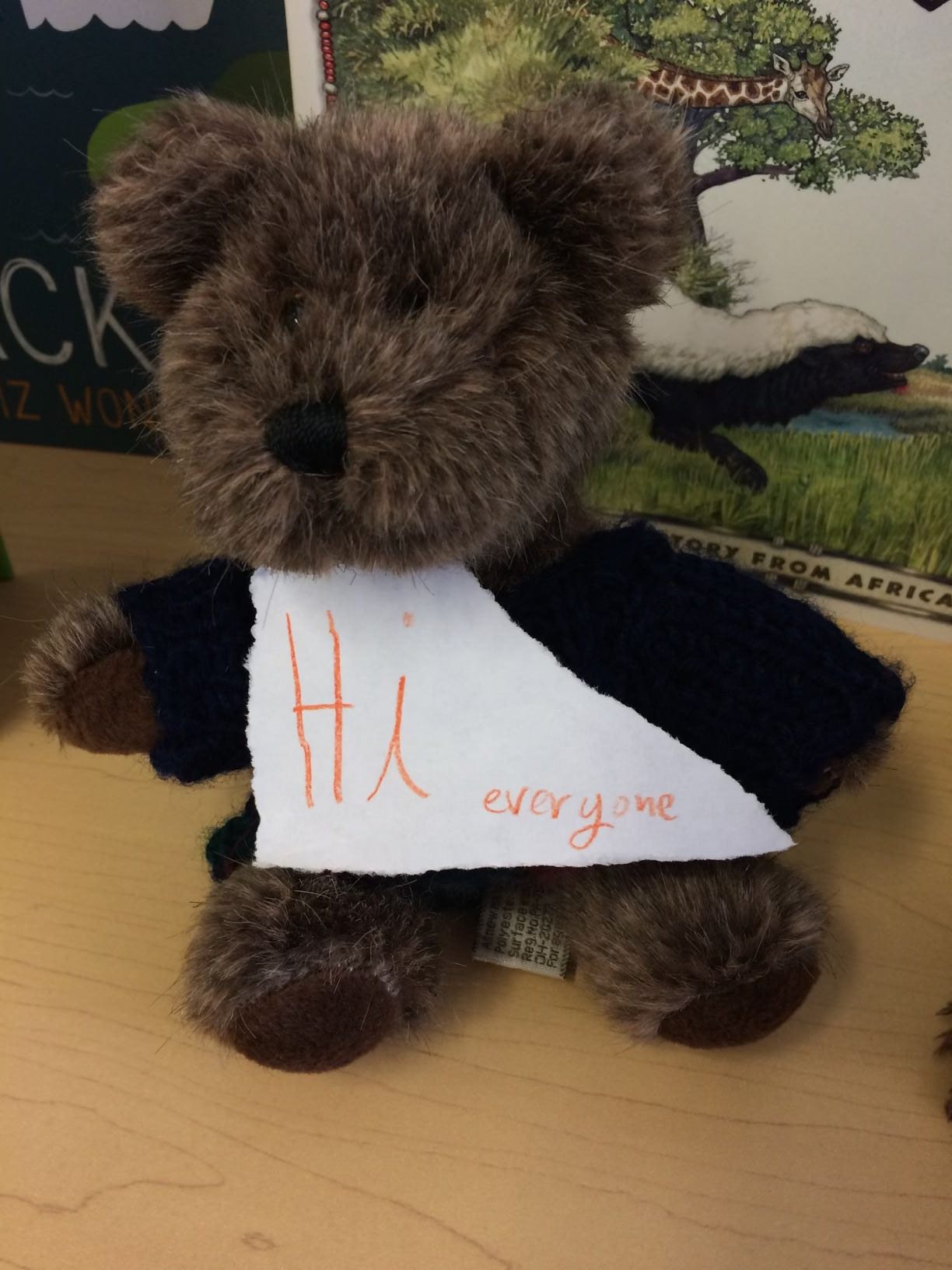 teddy bear with a torn piece of paper in front of it, with a "Hi everyone" written in orange crayon." In the background, picture books partially visible.