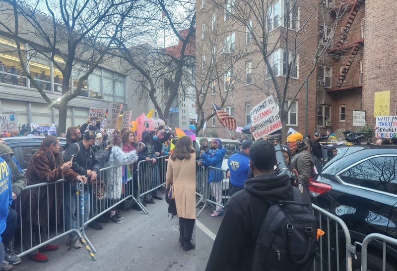 (Left) Drag Story Hour supporters positioned in front of the library. (Right) Anti-LGBTQ protesters on the opposite side of the street. (Left) Drag Story Hour supporters positioned in front of the library. (Right) Anti-LGBTQ protesters on the opposite side of the street.