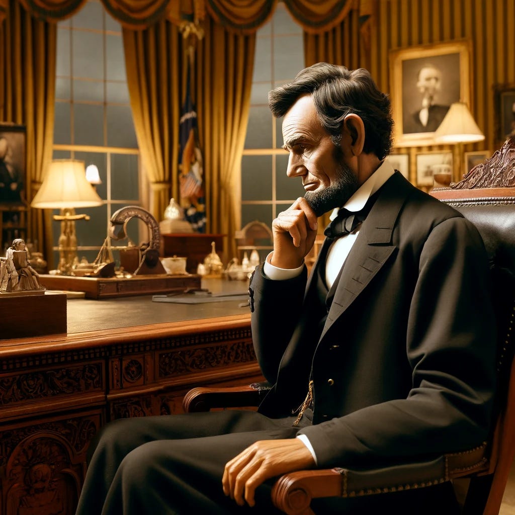 Create a historically inspired scene of President Abraham Lincoln in the Oval Office prior to 1862. Lincoln is depicted in deep thought, reflecting the gravity of the situation with the secession of the southern states. The setting is the Oval Office, adorned with period-appropriate furnishings, including a large wooden desk and historical artifacts. Lincoln, wearing a black suit typical of the era, is seated, his face marked by a thoughtful expression, emphasizing his contemplation and concern over the nation's crisis.