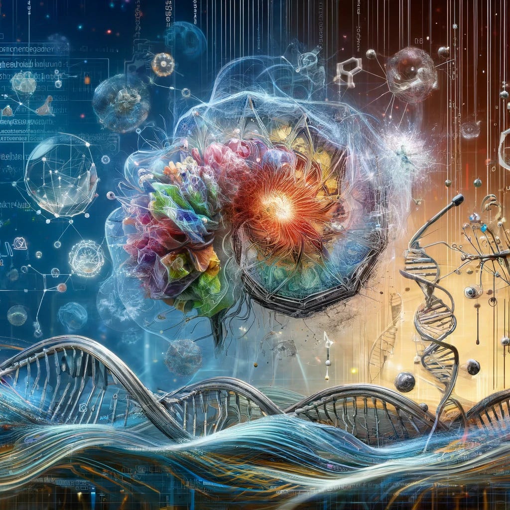 A visually engaging and thought-provoking cover image for a blog post titled 'Resources for Multi-Modal Foundation Models in Biology'. The image should depict a futuristic and abstract concept of biology intertwined with technology. Imagine a harmonious blend of organic and digital elements, such as DNA helices intertwined with binary code streams, neurons connecting with circuitry, and microscopic views of cells enhanced with digital data overlays. The background should be vibrant, suggesting innovation and the pioneering spirit of combining biological research with advanced computing technologies. This representation should aim to capture the essence of how multi-modal foundation models could revolutionize the field of biology, suggesting a blend of the natural world with the cutting-edge of machine learning and AI research.