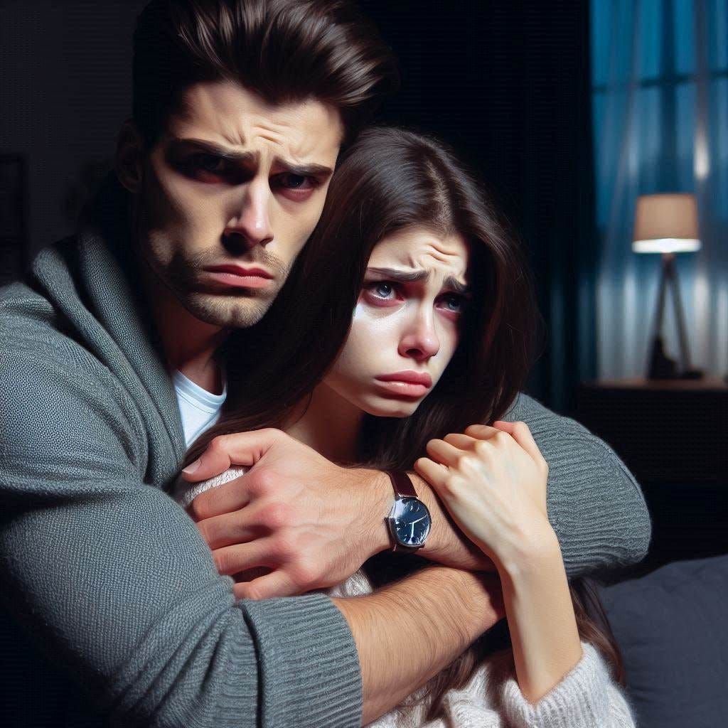 A nice guy looks angry as he hugs a pretty, crying woman. Night. Living Room.