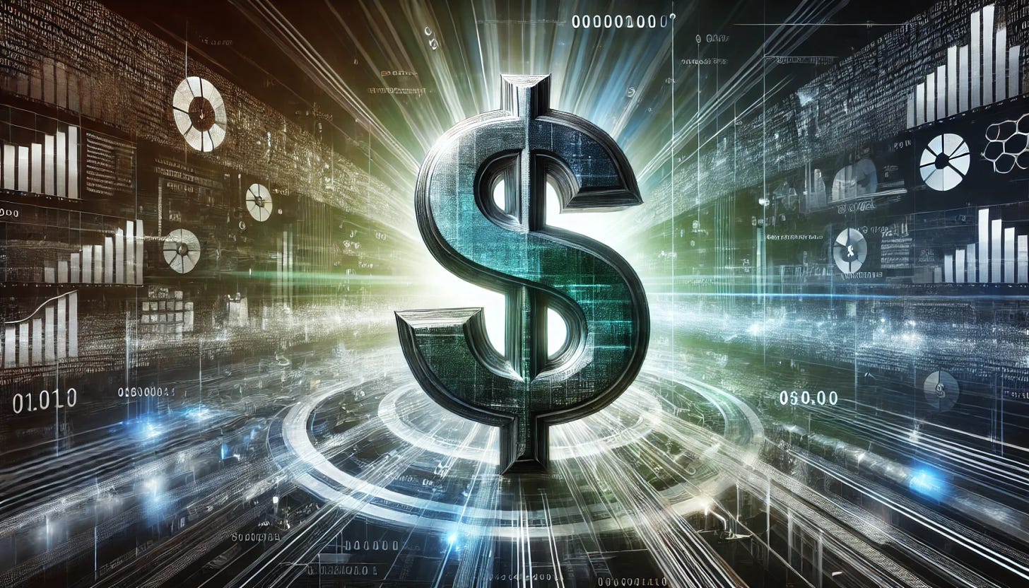 A wide image representing the concept of information being valued like currency, featuring a very prominent, large dollar sign ($) at the center, integrated with elements such as binary code, data streams, or digital interfaces. The dollar sign should be the main focus, metallic and glowing, symbolizing the monetary value of information. Surrounding it are glowing lines of code or data, emphasizing the modern digital economy. The color scheme includes metallic shades, greens, and blues to reinforce the connection between money and information. The image is wider, showing more elements and an expansive digital landscape, but the dollar sign remains the dominant element.