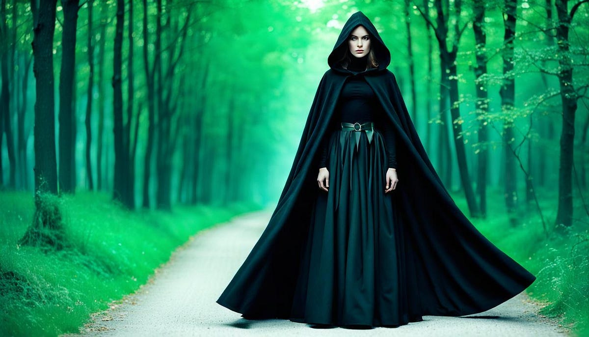 Woman in black hooded cloak, on woodland path