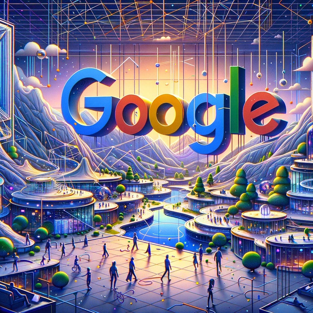 Illustration of a virtual realm inside Google's Mountain View campus. The digital environment is shaped by generative AI, crafting abstract landscapes and futuristic structures. Prominently displayed within this AI-altered world is the Google logo in bold letters. Individuals of different genders and descents navigate and engage with the AI-transformed elements, underscoring Google's innovation in generative AI.