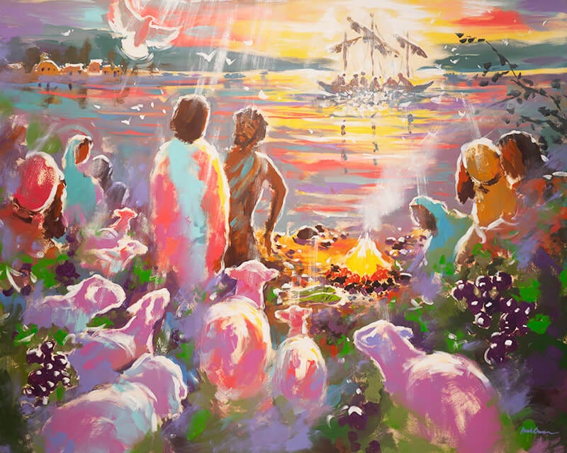 A painting of Jesus on the beach surrounded by his followers. A boat is in the distance and sheep surround them. A dove appears to descend toward the group.