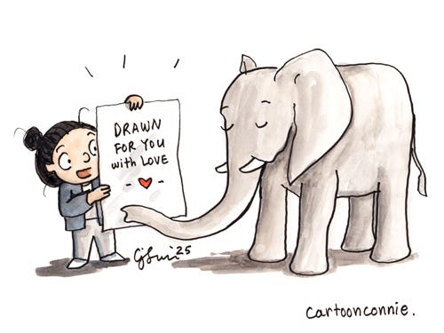 Cartoon girl with a bun, showing her elephant friend the artwork she "made with love." Ink and watercolor on paper. Original artwork by Connie Sun, cartoonconnie, 2025, all rights reserved.