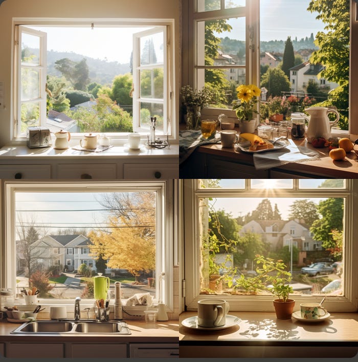 four different AI-generated views of a kitchen window