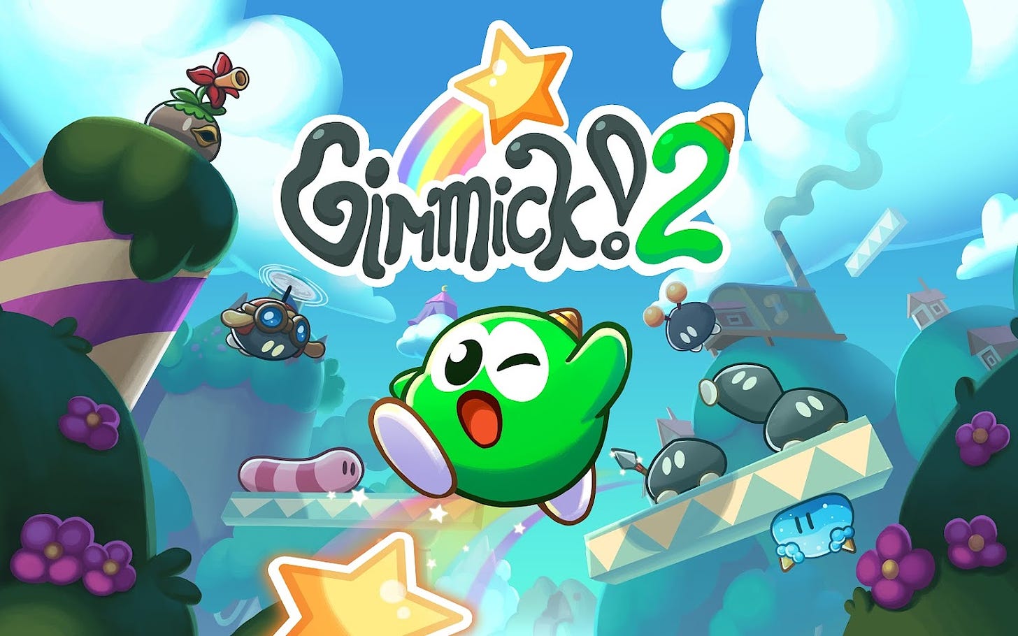 The key art for Gimmick 2, featuring a winking and waving Yumetaro jumping across platforms into the foreground, with his trusty star nearby. The game's logo, including star and its trailing rainbow, are seen above this.