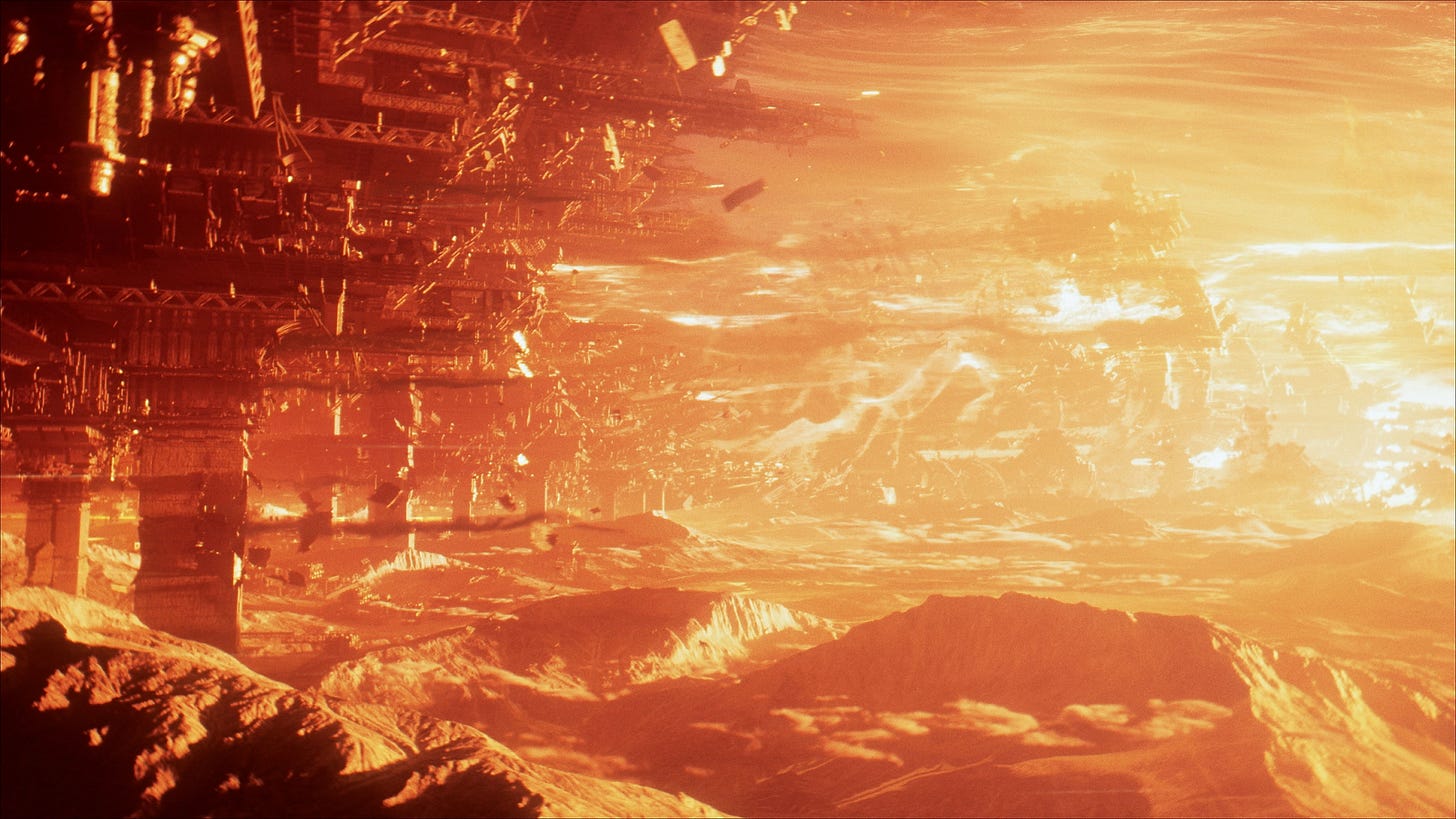 HD desktop wallpaper from Armored Core VI: Fires of Rubicon, featuring a futuristic landscape with fiery skies and colossal structures.