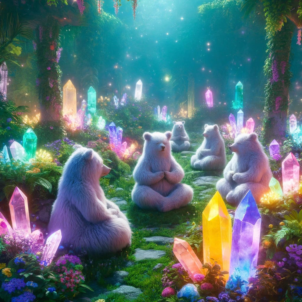 A serene garden filled with colorful, glowing magical crystals of various shapes and sizes. Several bears are peacefully meditating among the crystals, their expressions calm and content. The garden is lush with vibrant greenery and flowers, with a soft, mystical light illuminating the scene. The atmosphere is tranquil and enchanting.