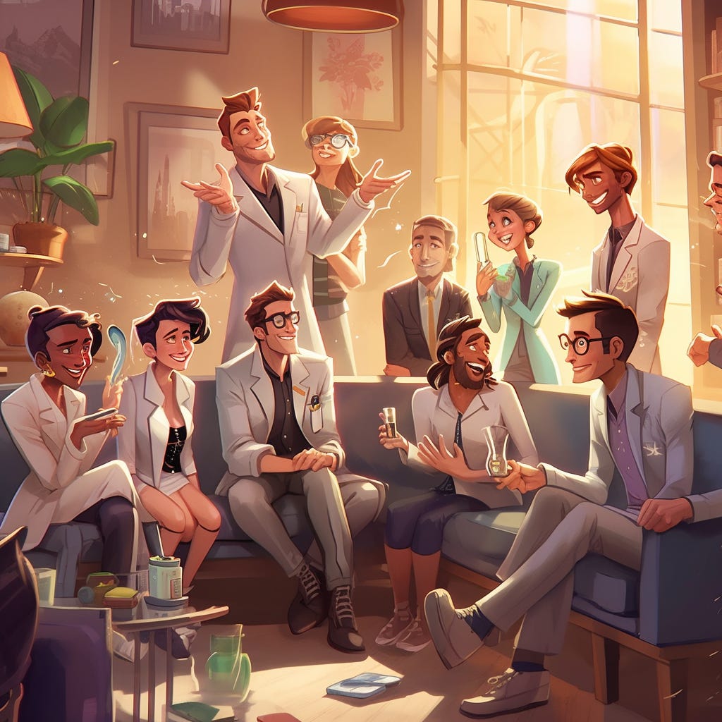 a group of gorgeous doctors having a cheerful discussion, having a great time, pixar style, some of them are more formal than other, all kinds of ages and genders, hyperdetailed, bright environment, nice lounge, high resolution, cinematic style, full detailing