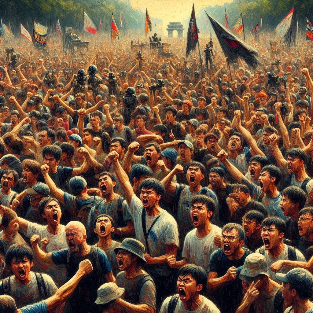 A protest of mass participation non violent but angry and intense in a modren oil painting style