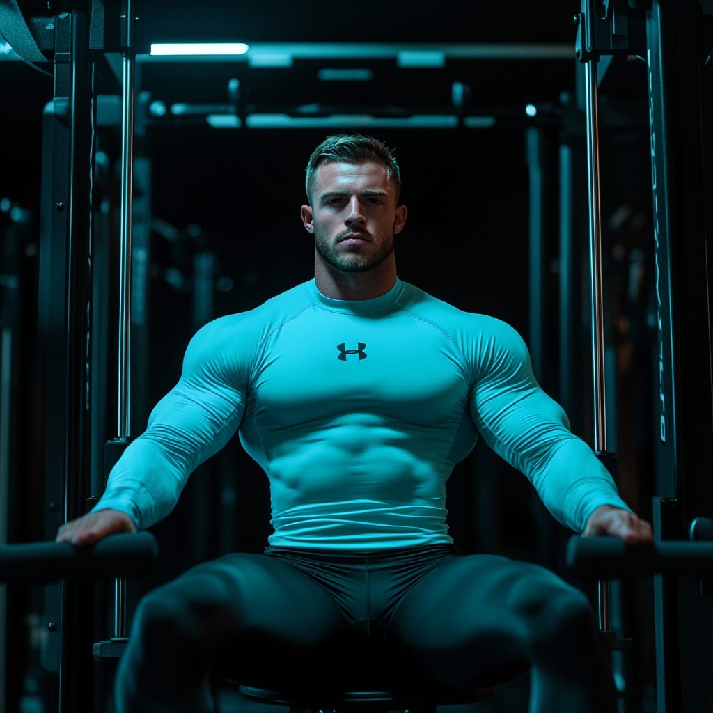 Muscular man wearing blue under-armour long-sleeved shirt rest between sets on machine-based strength training exercise in a dark gym with light blue fluorescent lighting.