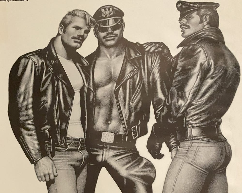 Three muscular gay men in leather jackets