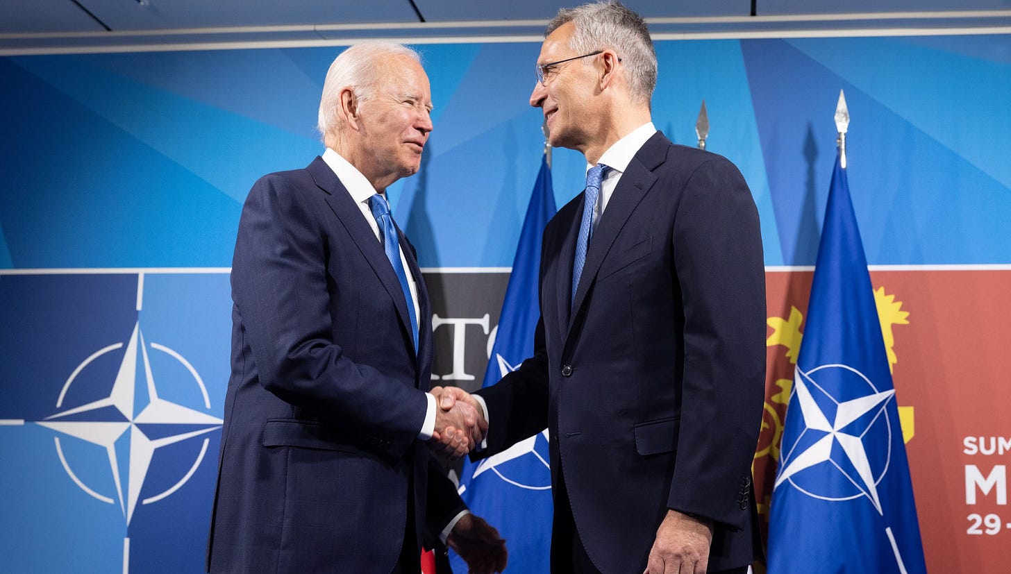 Joe Biden meeting with NATO leadership regarding new membership for Finland, Sweden, and Ukraine.