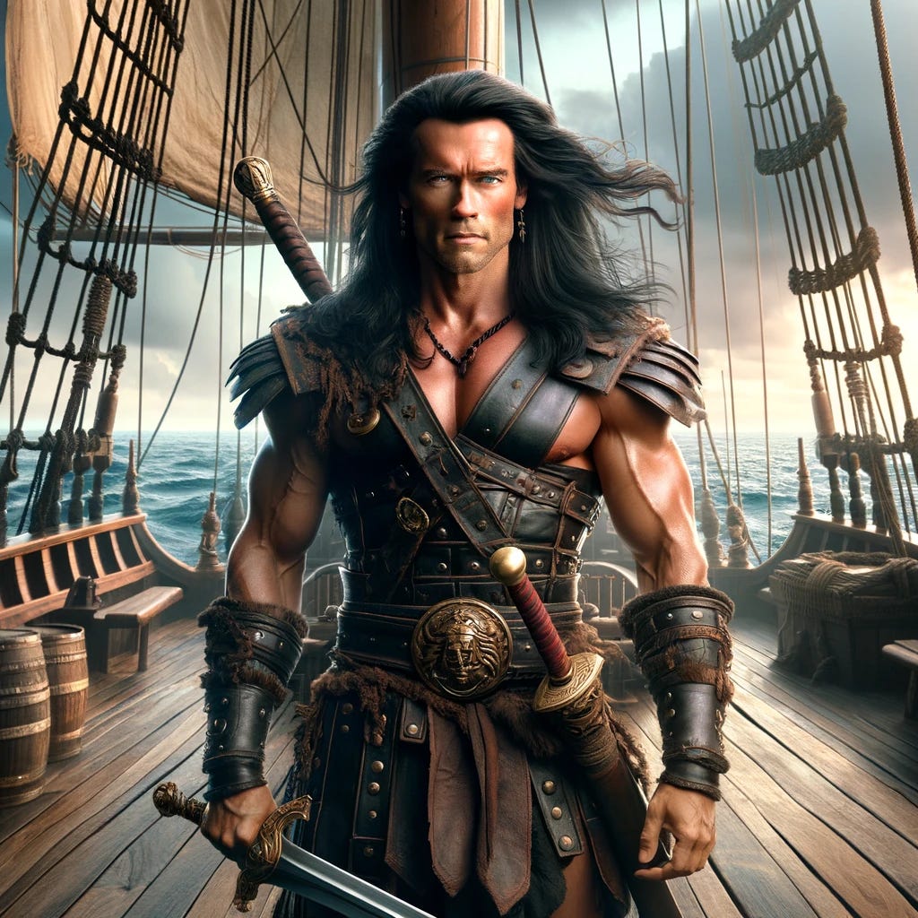 An updated image of Conan from 'Queen of the Black Coast,' now with long black hair, resembling a young, clean-shaven Arnold Schwarzenegger. He is wearing leather gladiator-style armor and holding a sword, standing on the deck of a galley. The scene is cinematic and set against a high-fantasy backdrop of the open sea and sky. The artwork should capture dynamic lighting and vivid colors, with details like sails, ropes, and the ocean. Conan's face should be distinctly beardless and his hair long and black, enhancing his heroic and adventurous appearance.