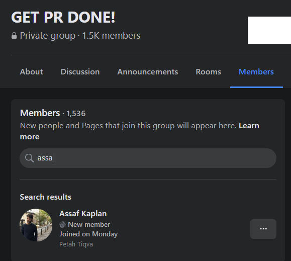 Facebook screenshot shows "Assaf Kaplan" joining "GET PR DONE!" private Facebook group