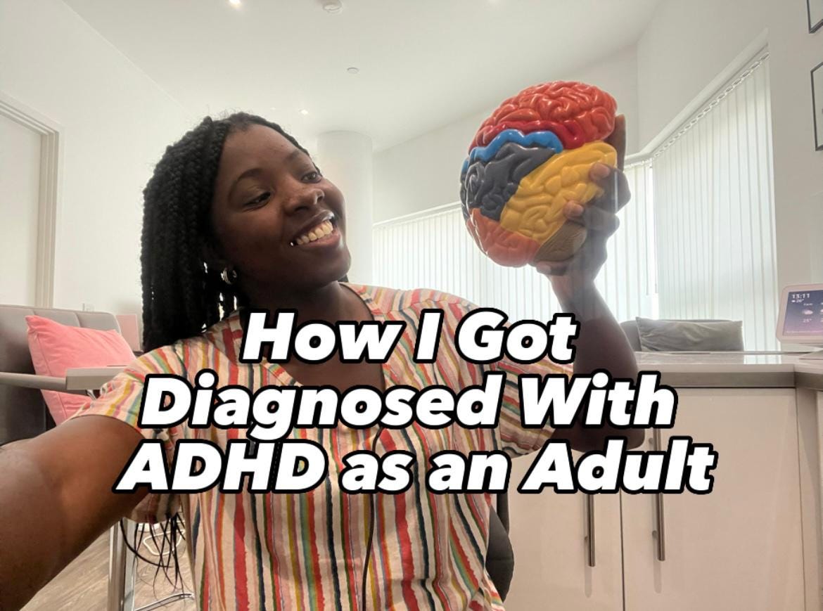 A picture of myself wearing a colorful strip chair, sitting on a chair taking a selfie with my phone in one hand a colorful medical model of a brain in the other hand. With text across the picture which says: ‘How I Got Diagnosed with ADHD as an Adult’