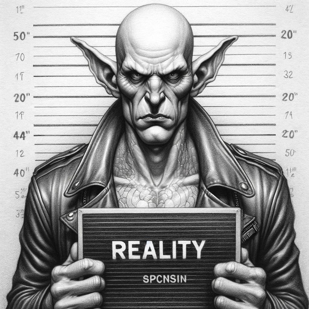 The image is a detailed pencil drawing in the style of a police mug shot, featuring a menacing character named "Reality." The character has large, pointed ears, a bald head, and a deeply wrinkled, scowling face that conveys a sense of sternness and intensity. He is wearing a leather motorcycle jacket and is holding a plaque in front of him with the word "REALITY" inscribed on it. Behind him, there are height lines indicating a measurement scale commonly found in mug shots. The character's expression and the monochromatic detail of the drawing give it a gritty and realistic appearance.