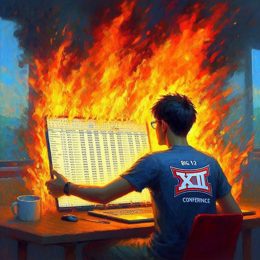 A person wearing a shirt with a Big 12 Conference logo on the back setting fire to an Excel spreadsheet, impressionism