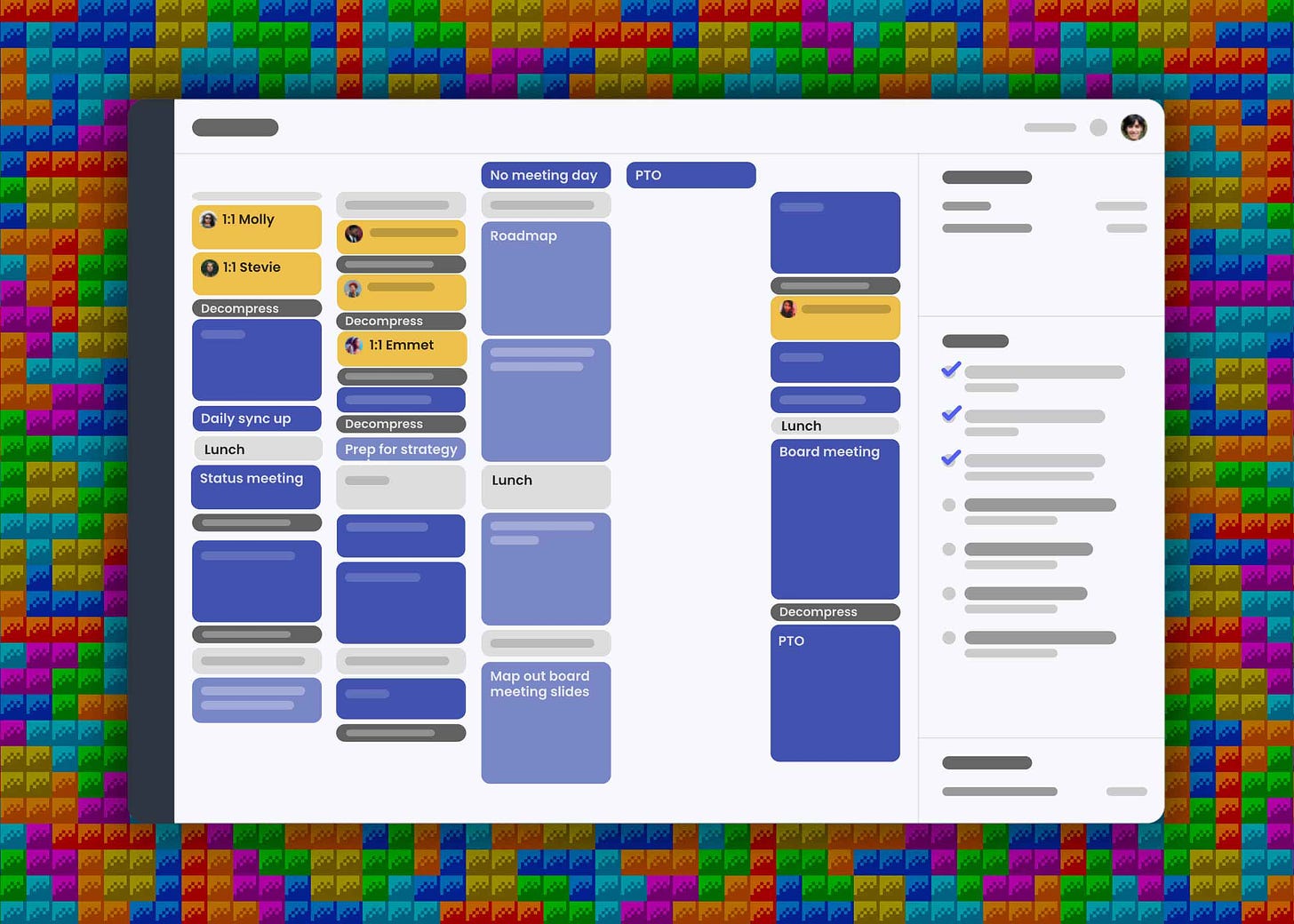 Illustration showing a well-organized calendar with time blocks, time off, and a no-meeting Wednesday, superimposed on a colorful background of Tetris blocks.