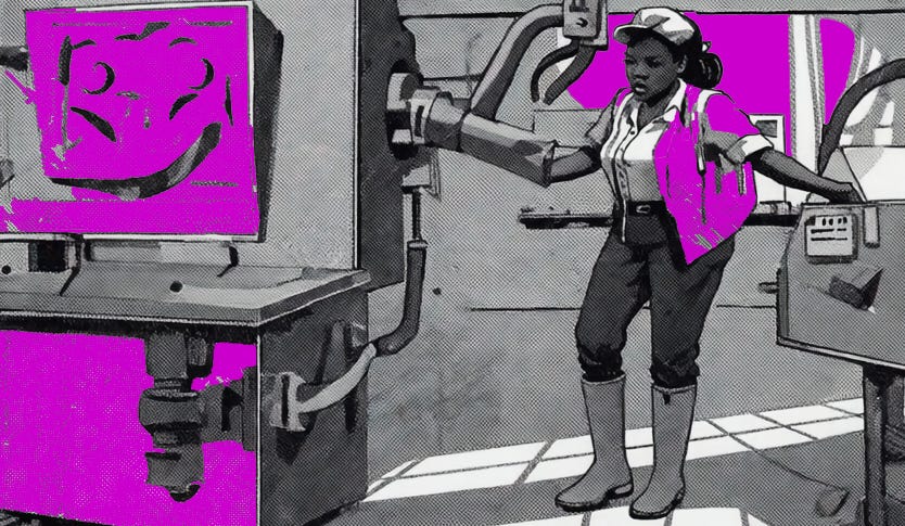 factory worker is attached in arms to two machines. One machine has an amorphic feature smiliar to a grinning face. AI created image usingRunway