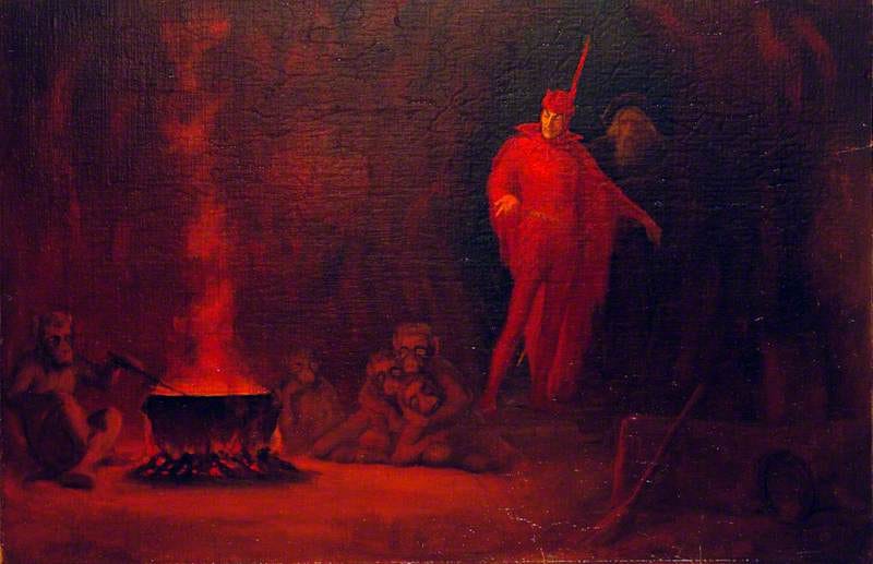 From Wikipedia:  Painting depicting Henry Irving as Mephistopheles and George Alexander as Faust in Faust. The painting depicts the second scene of the prologue, set in the Witch's Kitchen, in which the monkeys stir the witch's brew in a flaming cauldron.