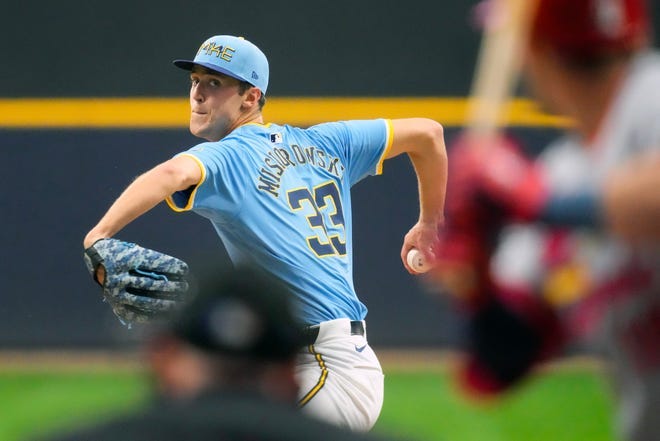 Jacob Misiorowski of the Milwaukee Brewers throws a pitch against the St. Louis Cardinals during his MLB debut at American Family Field on June 12, 2025, in Milwaukee. Misiorowski threw five hitless innings in the Brewers' 6-0 victory.