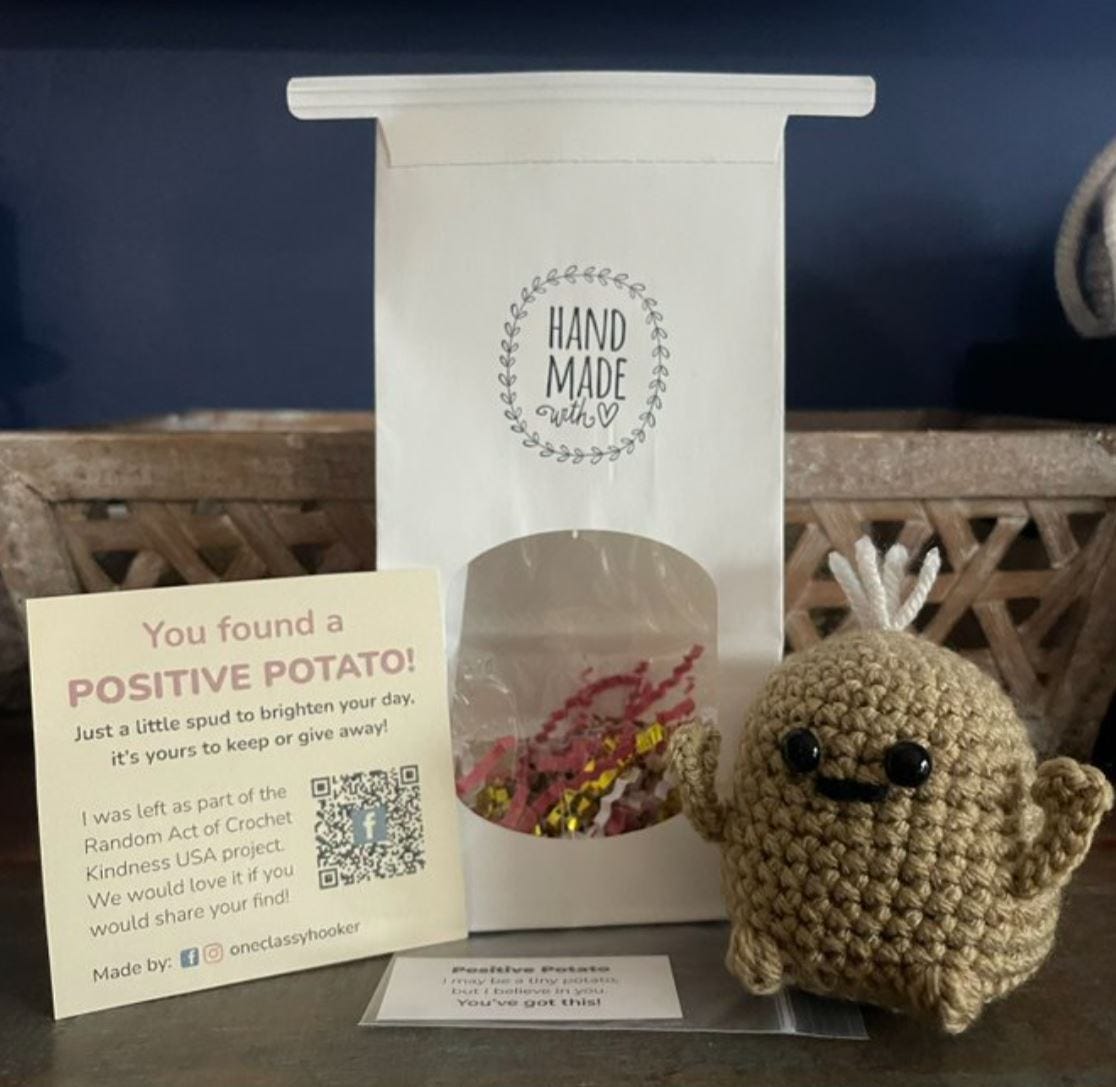 Cute crocheted potato as part of the Crochet Kindness USA Project.