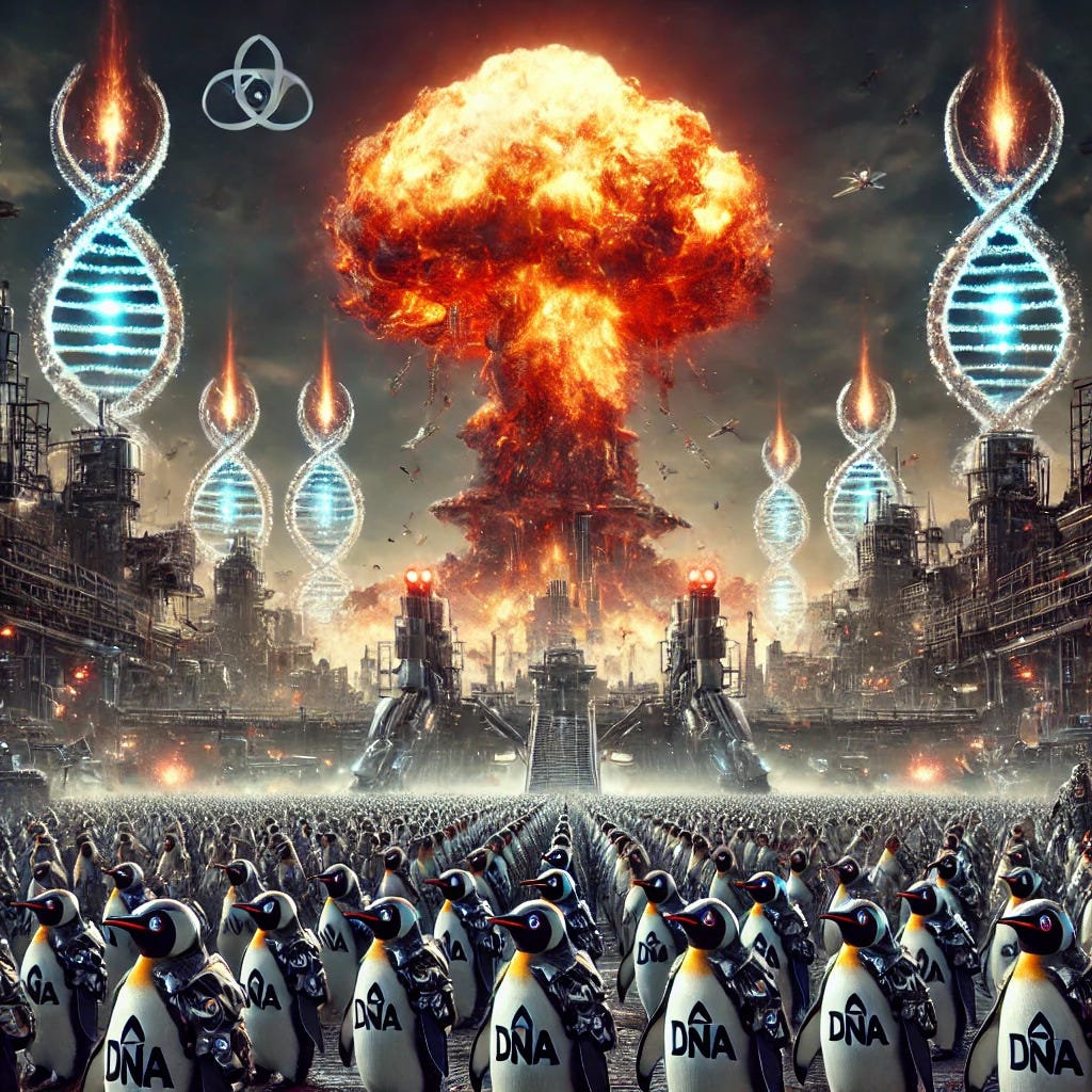 Enhancing the science fiction scene with a massive mushroom cloud in the background, symbolizing a powerful explosion. The scene is densely populated with armored penguins, each bearing DNA logos. These penguins are amidst a chaotic battlefield with large DNA helix structures glowing around them. The mushroom cloud rises prominently in the sky, adding a sense of catastrophic impact to the war-torn cityscape. The atmosphere is intensely dramatic, with dark, smoke-filled skies and fiery explosions enhancing the dystopian setting.