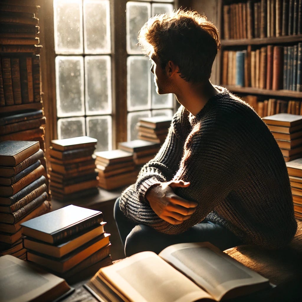 A person sitting quietly in a library or study, surrounded by open books and thoughtful atmosphere, staring out a window with a contemplative expression. The mood is reflective and calm, with warm natural light filtering in. The setting suggests deep thought and inner questioning, but no text or words are visible in the image.