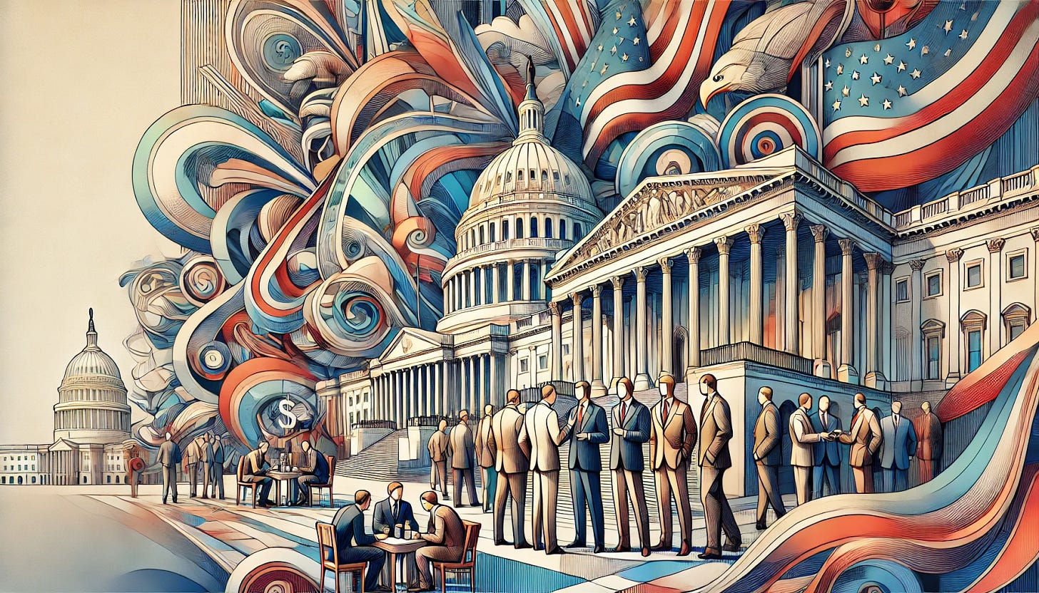 A whimsical yet grounded stylized illustration depicting the U.S. Capitol building. The backdrop blends political and financial themes: expressive figures in suits socialize in a sophisticated and professional setting. The scene is vibrant and detailed, with clean, sharp lines and realistic artistic shading, emphasizing a dynamic yet polished editorial art style. The illustration should feel balanced and refined, highlighting the interactions and atmosphere of a modern political and financial environment without surreal elements.