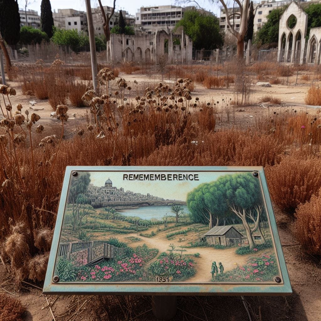 A park that has been wrecked by drought, with dying plants and ruins in the background. In the foreground, there is a plaque titled 'Rememberance', that has a small picture of what the park used to look like in happier times.