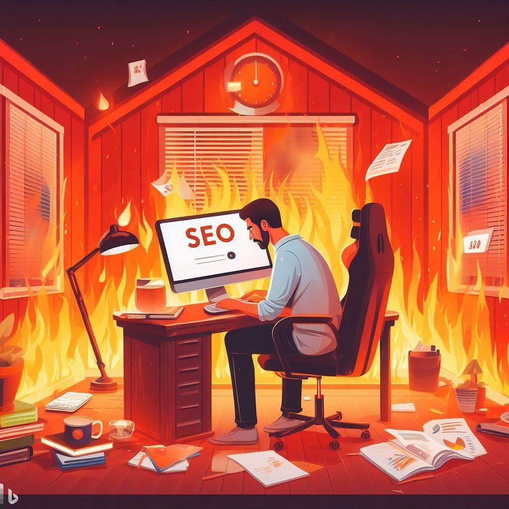 A graphical artwork of a SEO consultant working on his computer while the room and the house is on fire