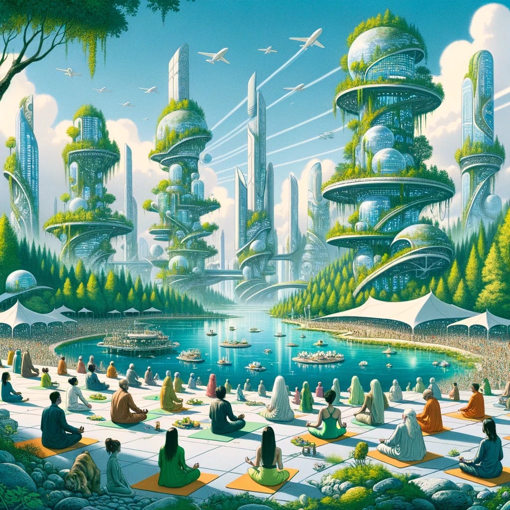 Illustration, Anno 290 (300 years in the future): A utopian world where the loving vision is fully realized. Nature and cities coexist harmoniously. Buildings have organic shapes, seamlessly blending with the lush forests and clear water bodies. Advanced technology, like floating platforms and holograms, enhances the well-being of the community without harming the environment. People of diverse genders and descents meditate and engage in contemplative practices in serene natural settings. The essence of peace, understanding, and love is palpable in every corner.